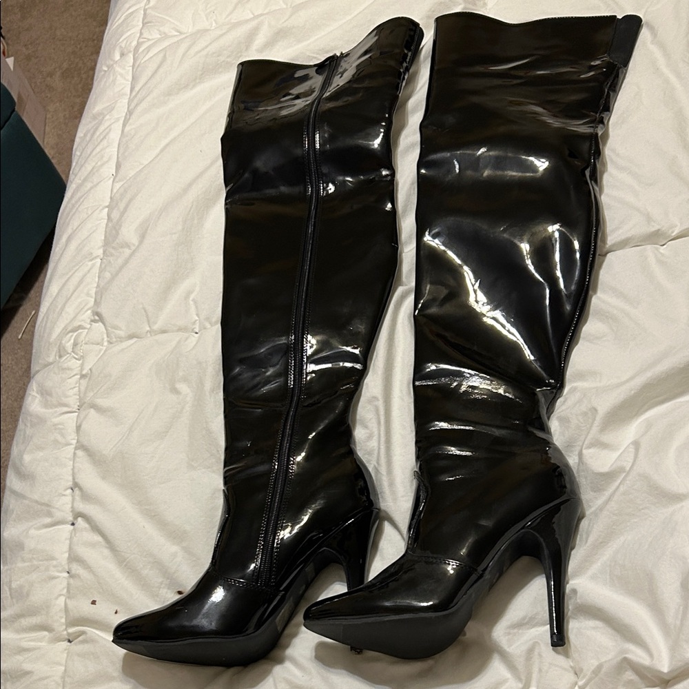 Elle Shiny Black Over the Knee Boots